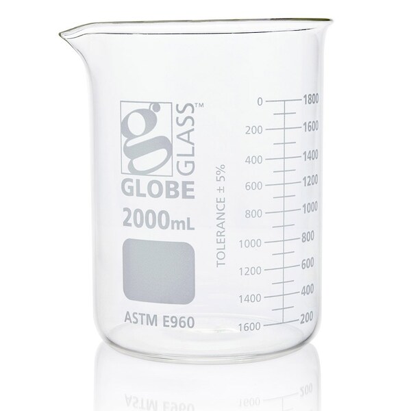 Globe Scientific Beaker, Globe Glass, 2000mL, Low Form Griffin Style, Dual Graduations, ASTM E960, 4/Box, 4PK 8012000 - main